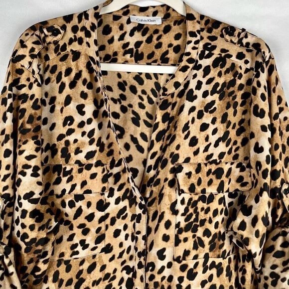 Calvin Klein Animal Print Cheetah V-neck Blouse - Picture 2 of 13
